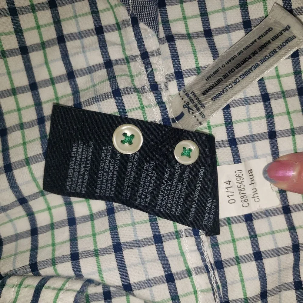TOMMY HILFIGER Blue Green and White Button Down Dress Shirt Mens Size Medium
